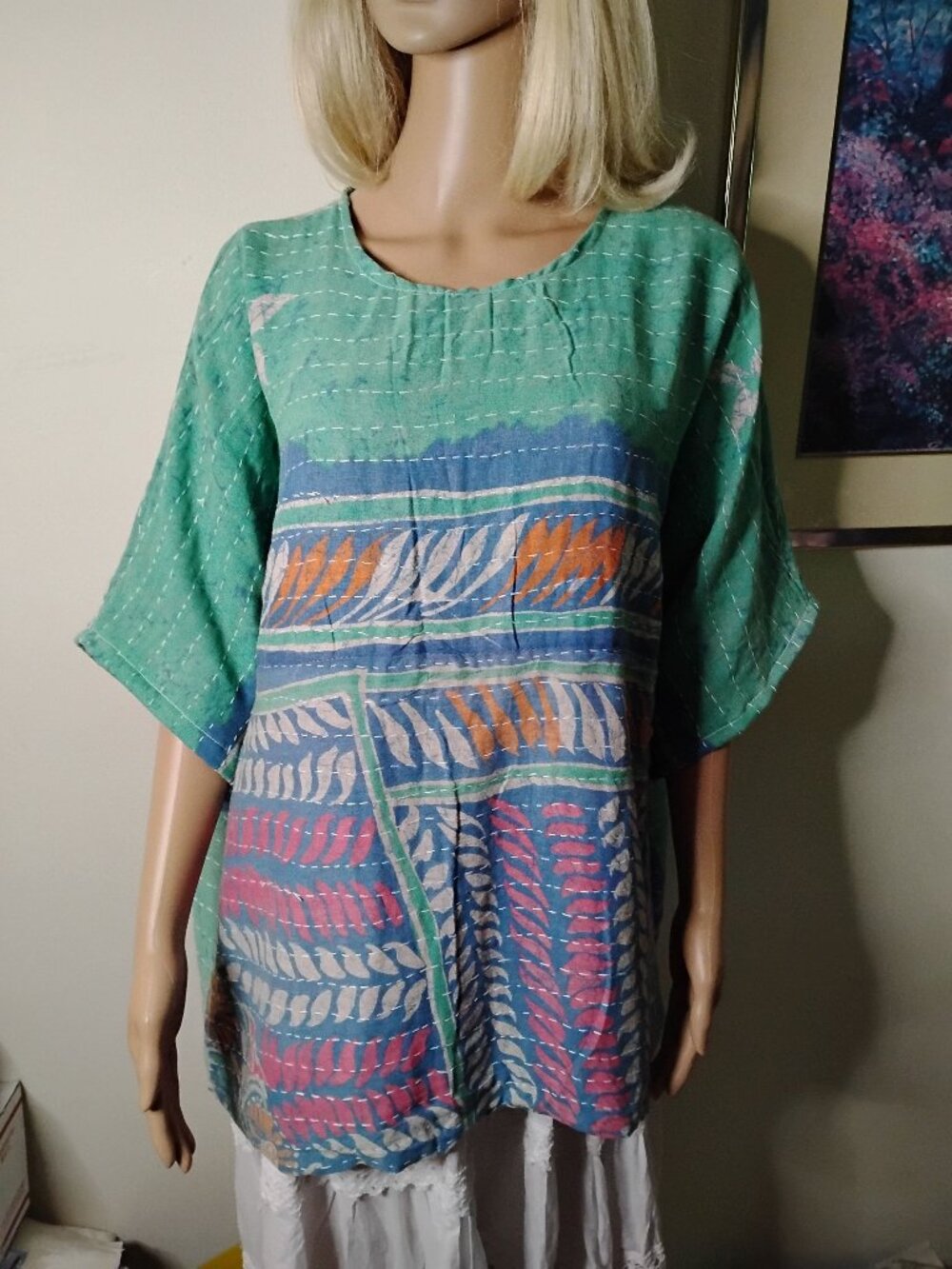 Kantha "Breeze" Top 1X & Under Mint Green Blue/Purple Reversible Handmade KB3.